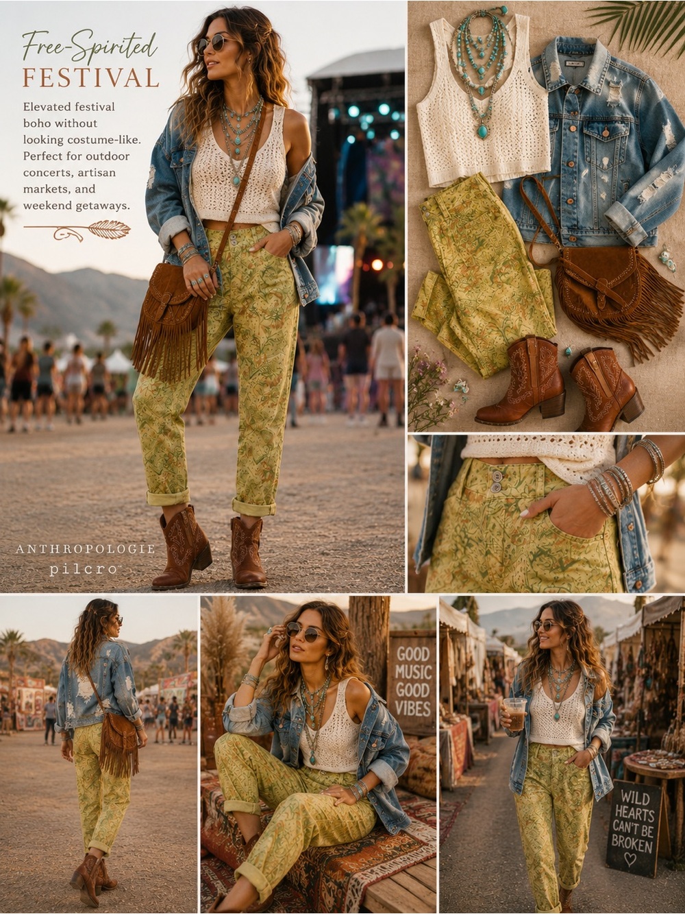 Anthropologie Pilcro The Wanderer Pants 31 Green Floral Patchwork Low Rise Boho - Picture 3 of 16